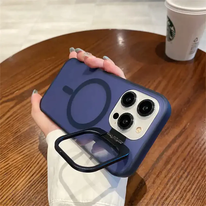 Luxury Smoky Matt Kickstand Camera Phone Case with Magsafe For iPhone